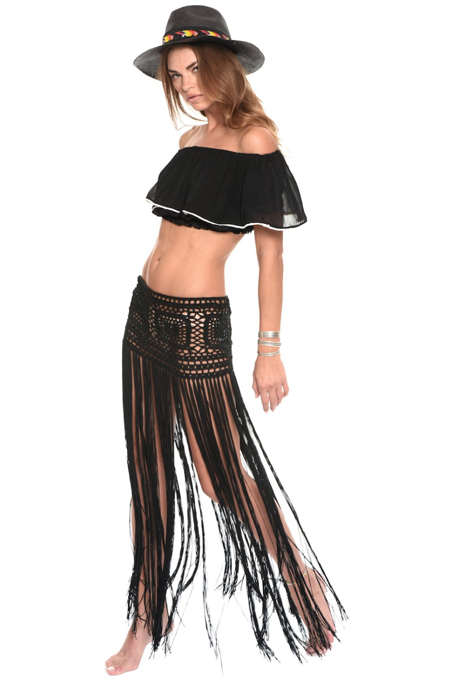 Javiera Hand Crochet Mini Skirt with Long Fringe in Black